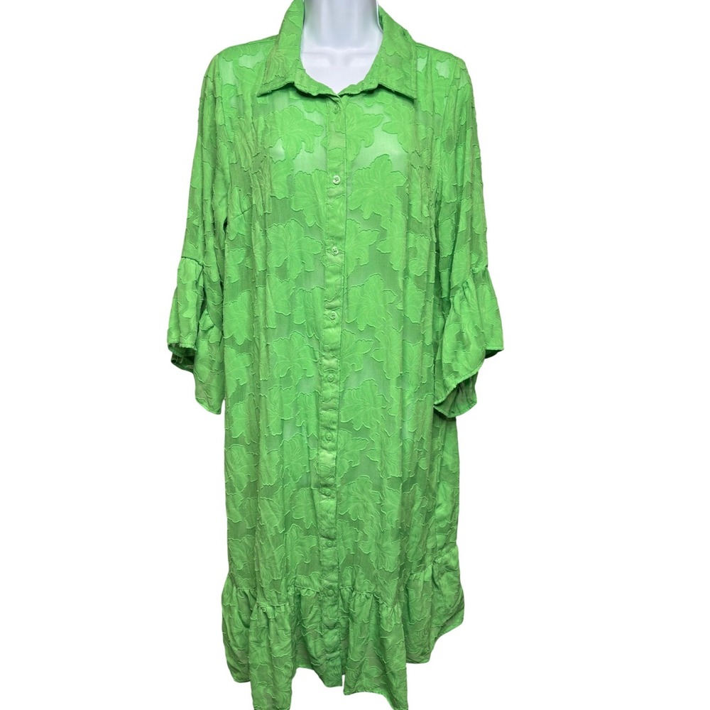 SUSAN GRAVER Womens Green Floral Lace Shirt Maxi Dress M Bell Sleeve Ruffle Hem